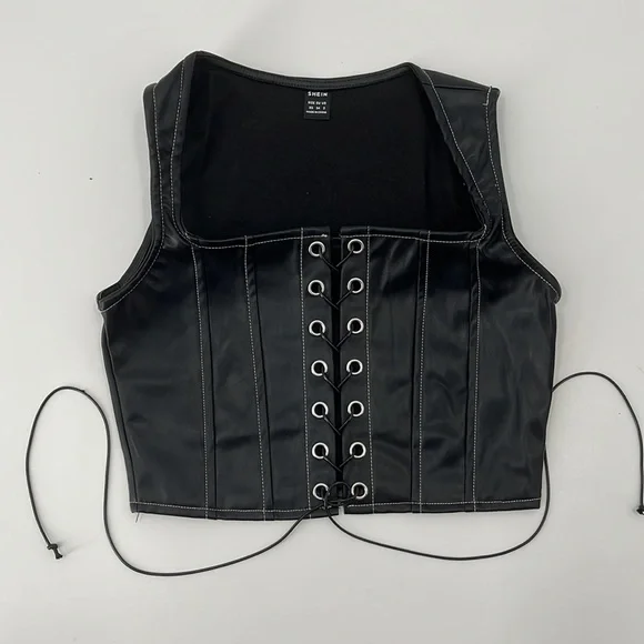 𝅺black Vegan Leather Cropped Tank Corset Lace Up Top Overstitching - Picture 5 of 6